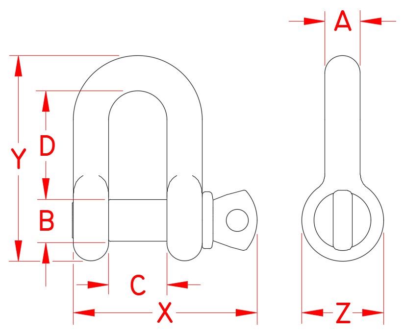 Stainless Steel Chain Shackle, S0115-FS07, S0115-FS08, S0115-FS10, S0115-FS12, S0115-FS13, S0115-FS16, S0115-FS20, S0115-FS22, S0115-FS25, Line Drawing